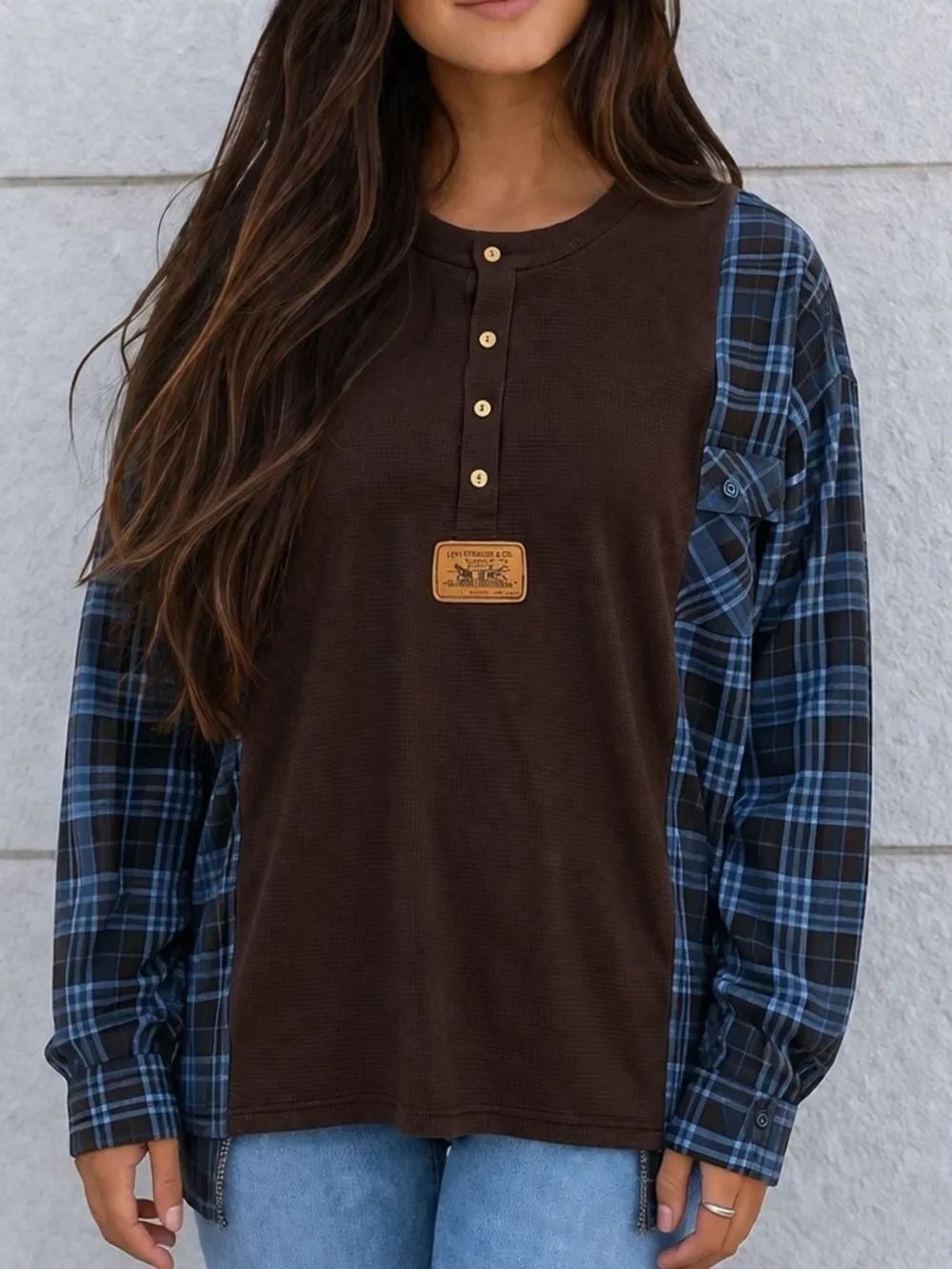 Upcycled Wrangler Two-Tone Brown Plaid Henley Relaxed Casual Loose Fit Shirt